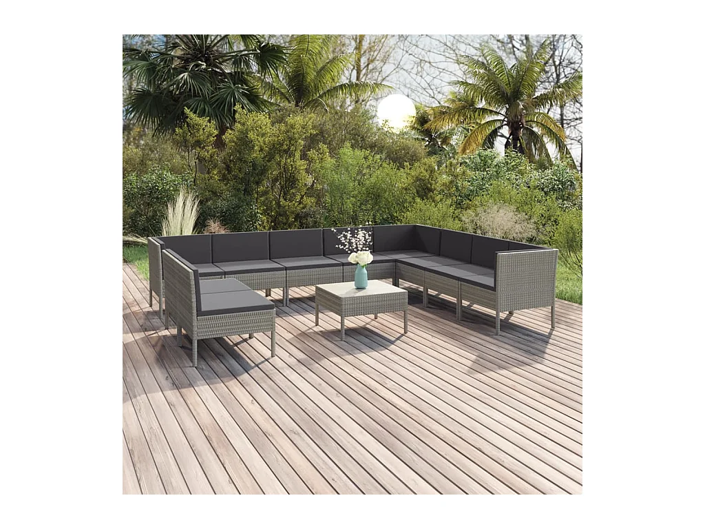 Salon de jardin 11 pcs avec coussins Résine tressée Gris