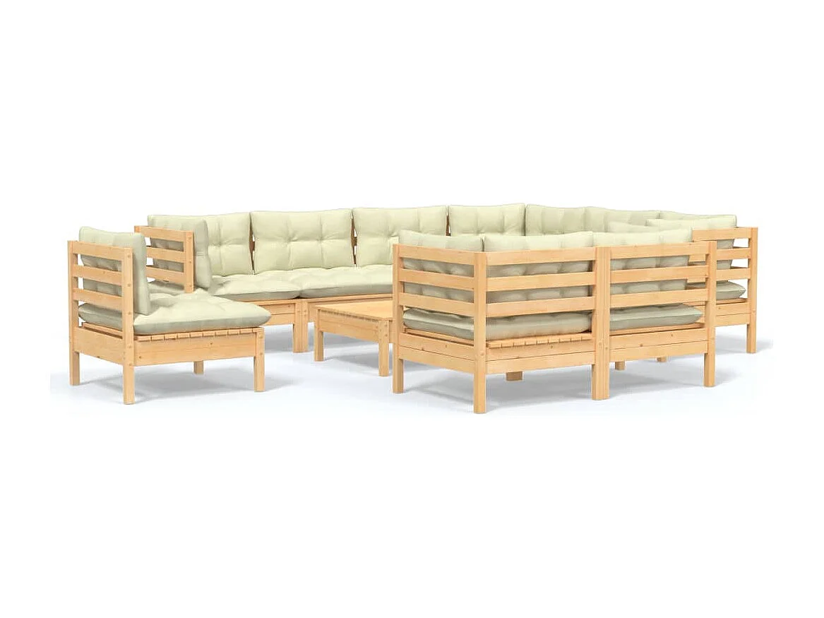 Set Divani da Giardino 10 pz con Cuscini Crema Massello di Pino
