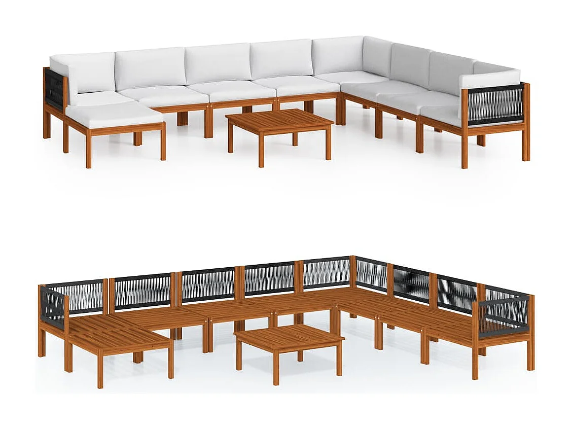 Conjunto de lounge de jardim  com 9 peças e almofadas em madeira de acácia creme e corda