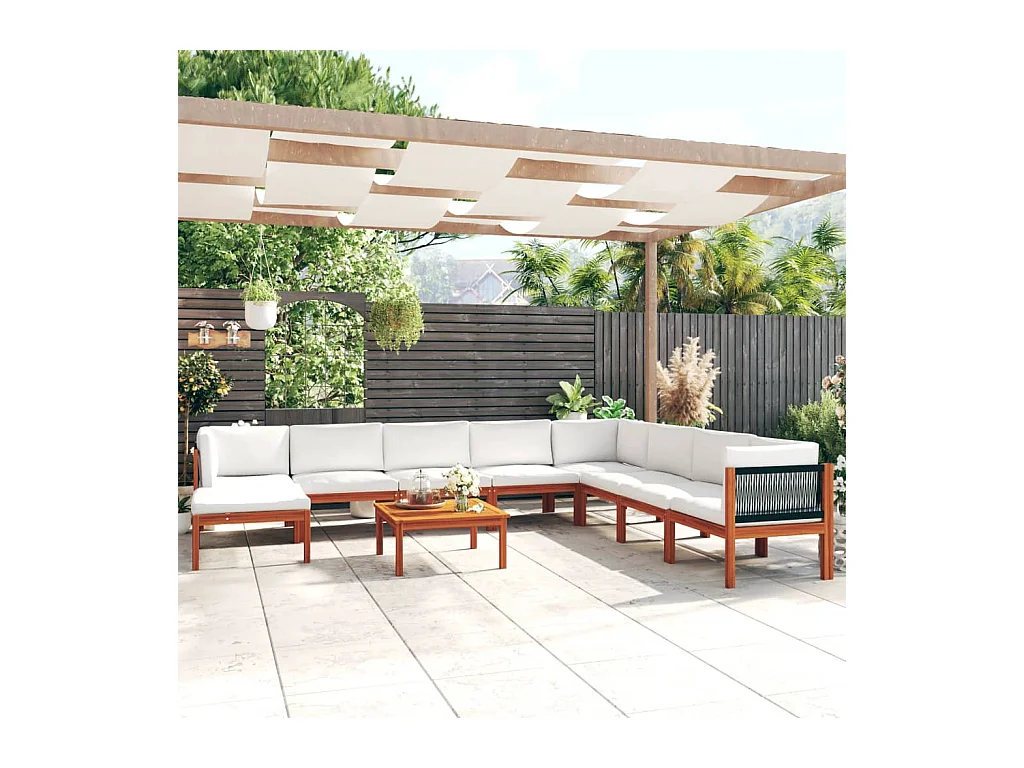 Salon de jardin 9 pièces avec coussins, bois d'acacia crème et corde