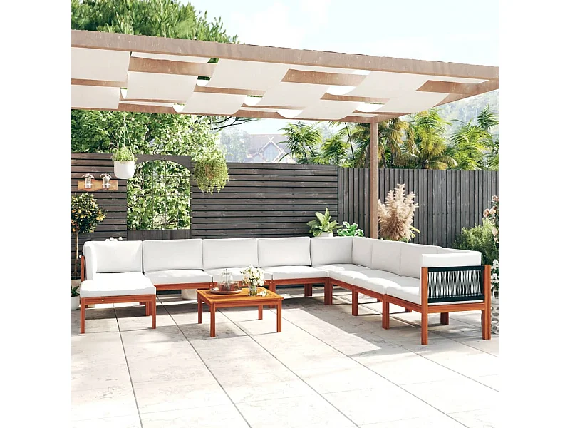 9-tlg. Garten-Lounge-Set mit Kissen Cremefarbenes Holz Akazie & Seil