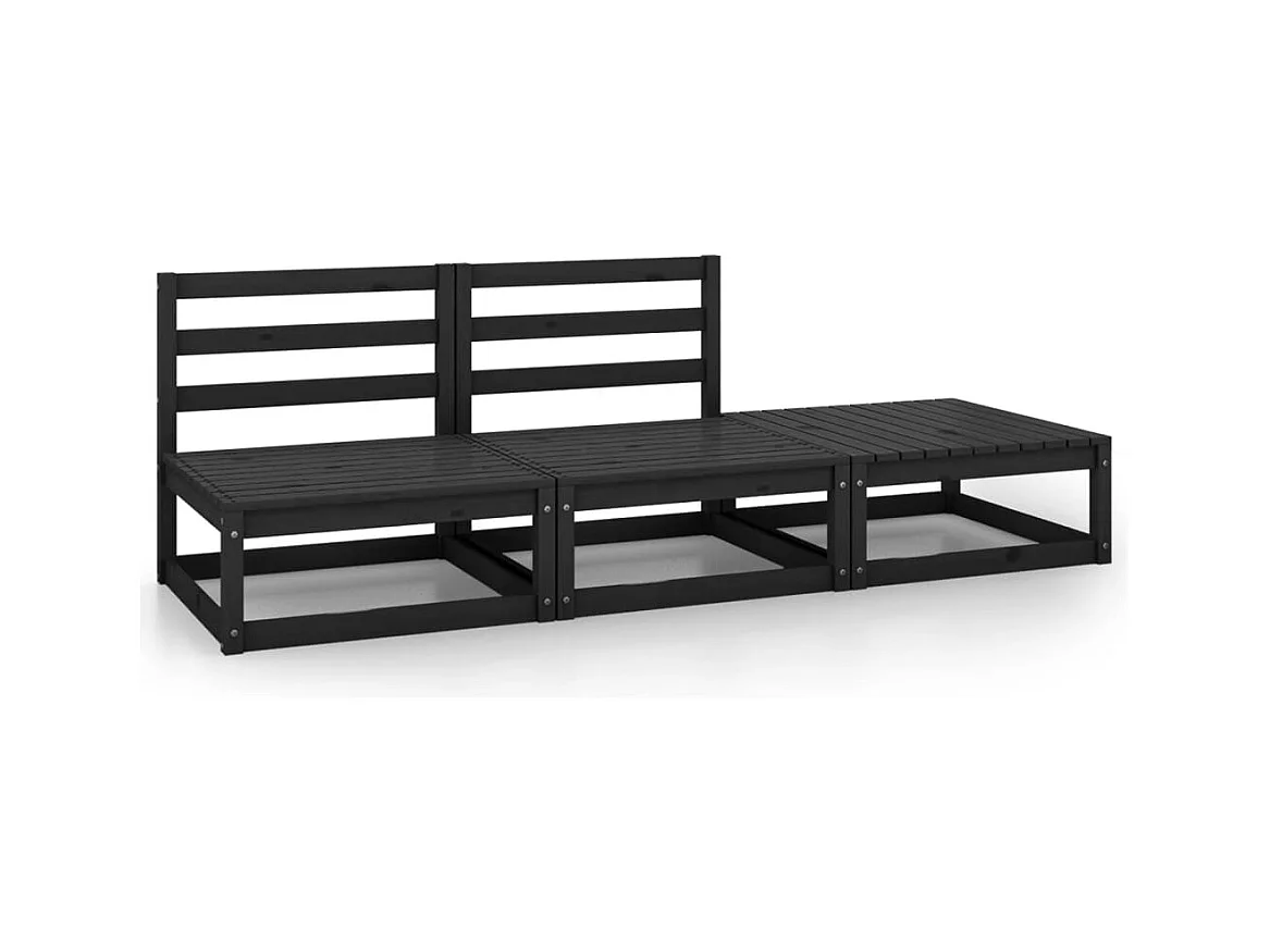 Salon de jardin 3 pcs noir bois de pin massif