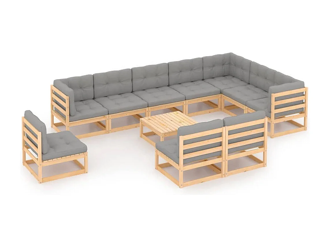 11 pcs conjunto lounge de jardim c/ almofadões pinho maciço