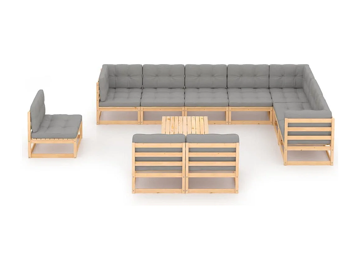 11 pcs conjunto lounge de jardim c/ almofadões pinho maciço