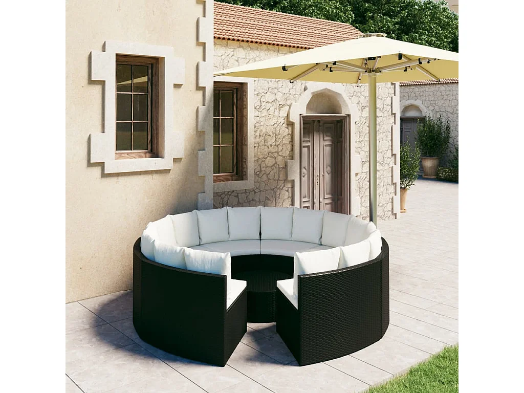 Salon de jardin 9 pcs avec coussins Résine tressée Noir