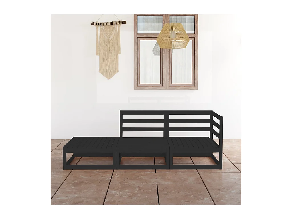 Set Divani da Giardino 3 pz Nero in Legno Massello di Pino
