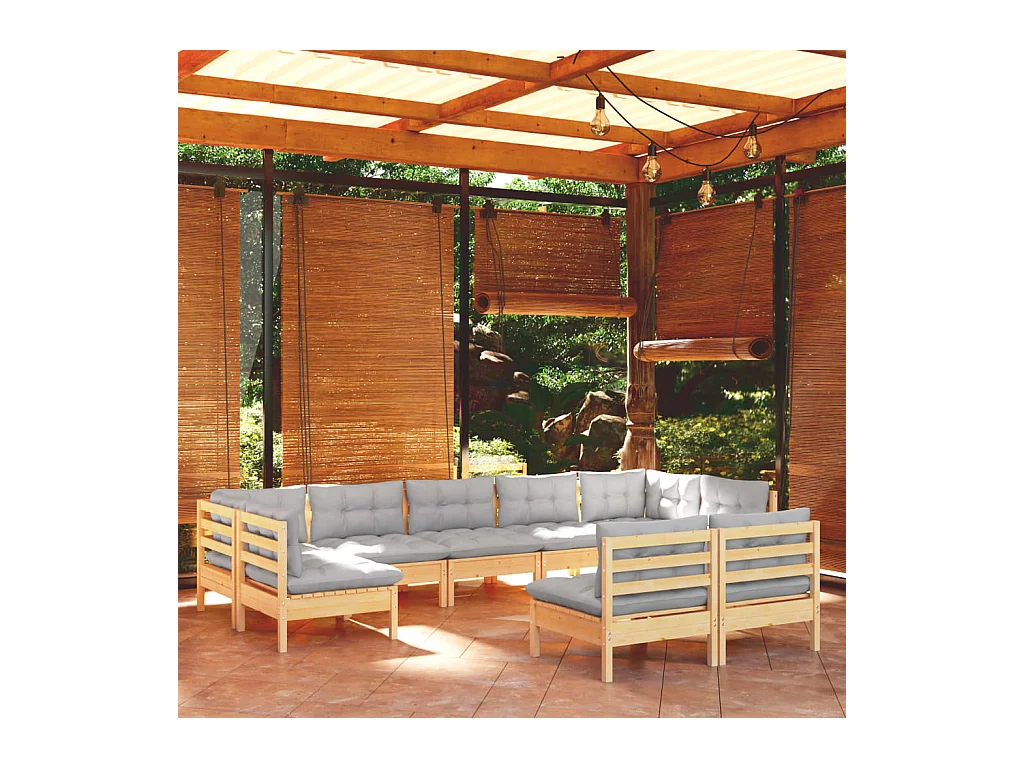 Set Divani da Giardino 9 pz con Cuscini Grigi Massello di Pino