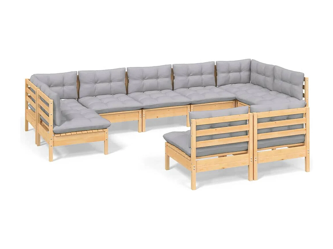 Salon de jardin 9 pcs avec coussins gris bois de pin massif