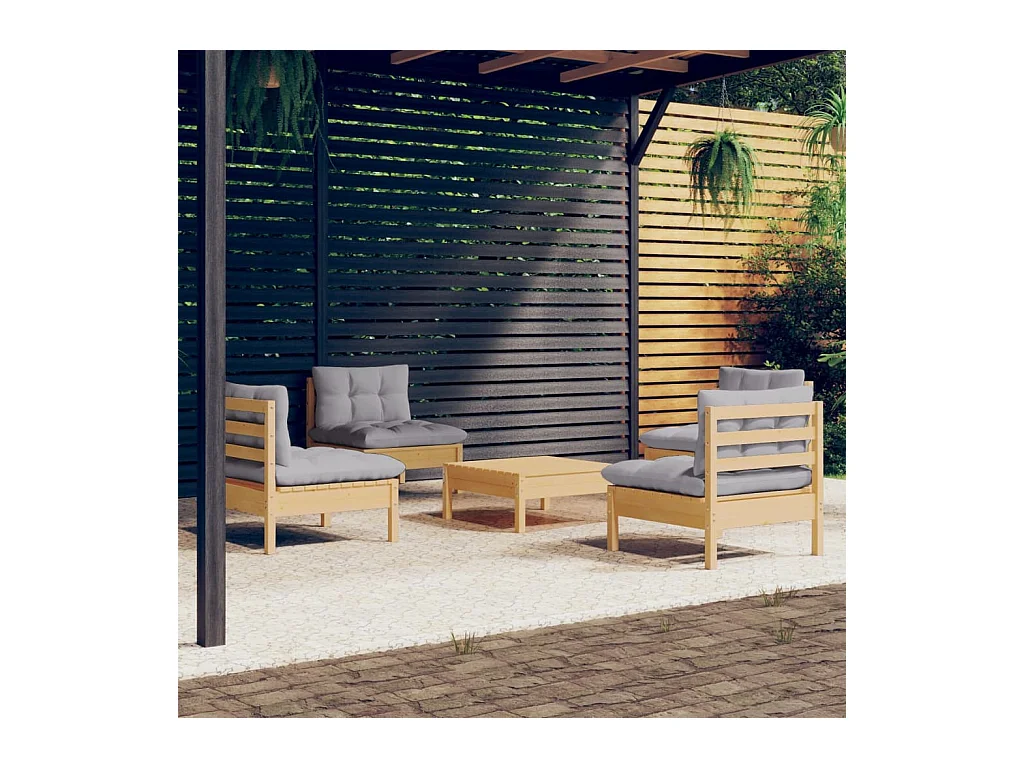 Salon de jardin 5 pcs avec coussins gris bois de pin