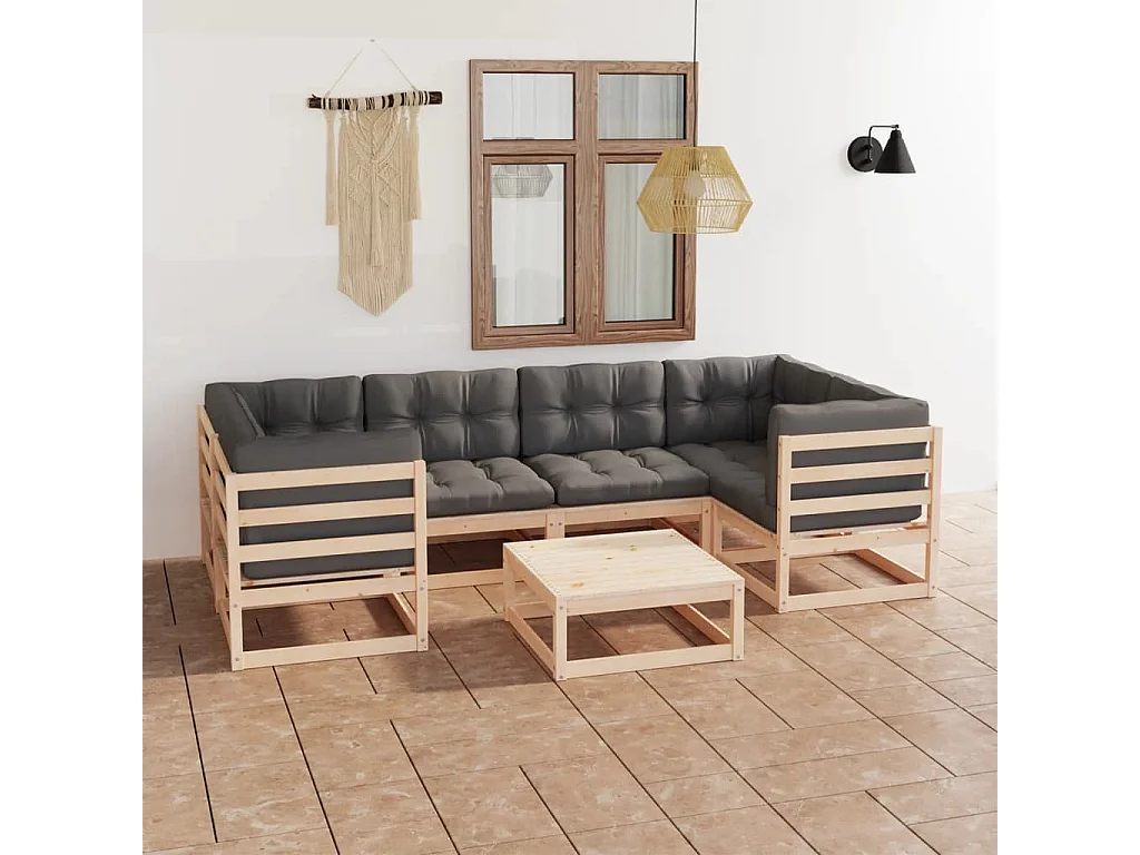 Set Salotto Giardino 7 pz Cuscini Antracite Legno Massello Pino
