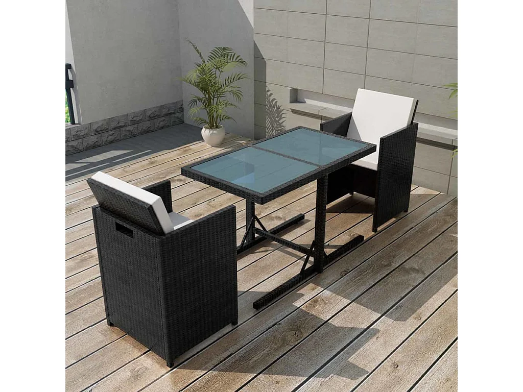 3-delige Bistroset met kussens poly rattan zwart