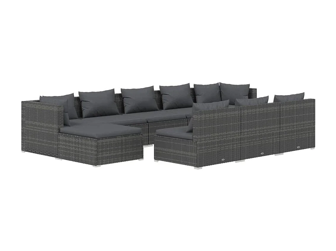 10-tlg. Garten-Lounge-Set mit Kissen Grau Poly Rattan