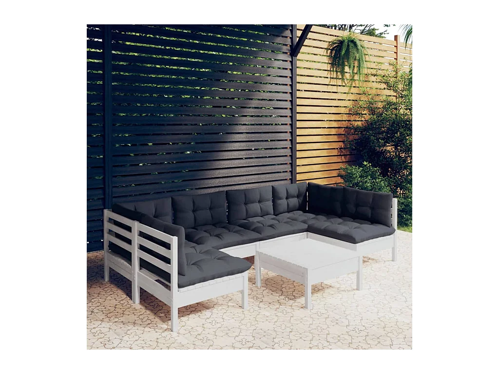 Set Divani da Giardino 7 pz con Cuscini Bianchi Legno di Pino