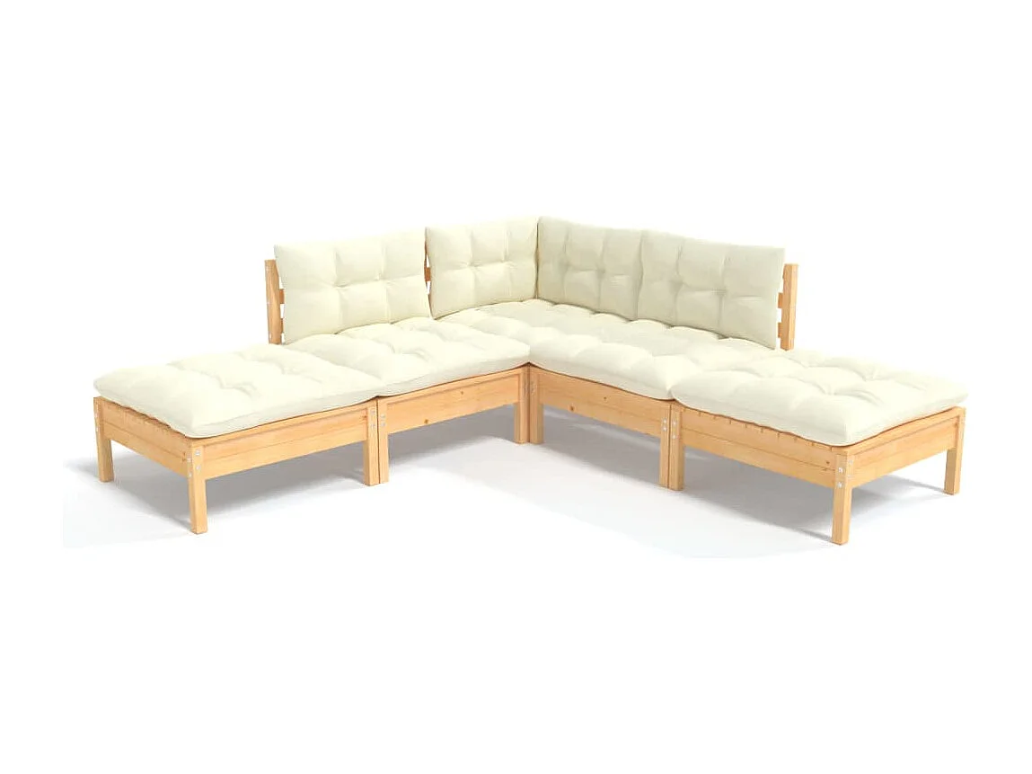 Set Divani da Giardino 5 pz con Cuscini Crema Massello di Pino