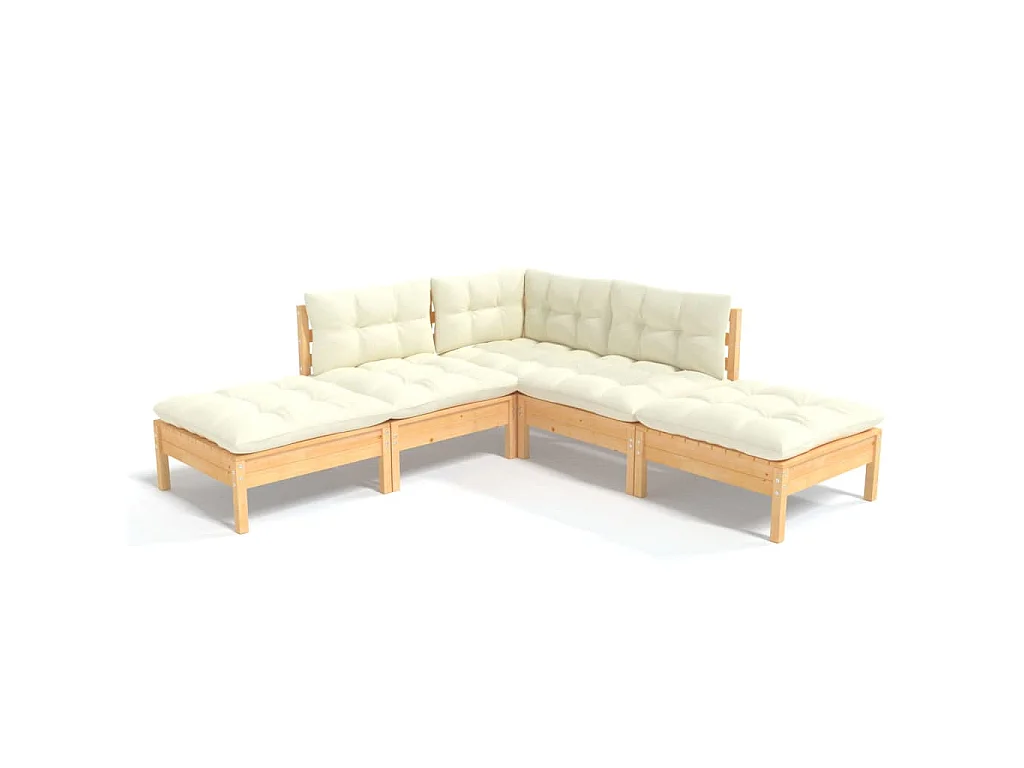 Muebles de jardín 5 piezas cojines madera de pino crema