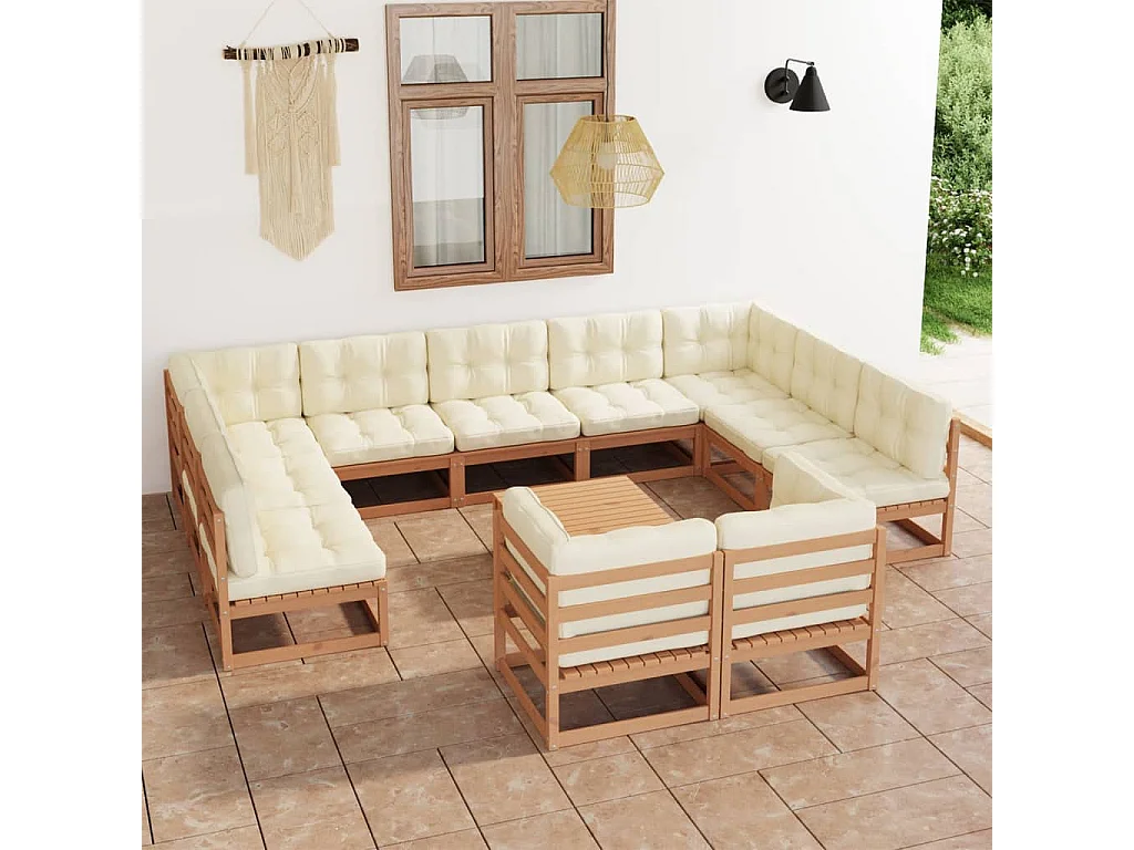 12 pcs conj. lounge jardim almofadões pinho maciço castanho mel