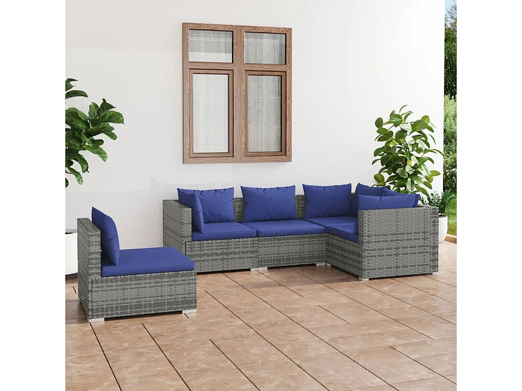 5-tlg. Garten-Lounge-Set mit Kissen Poly Rattan Grau