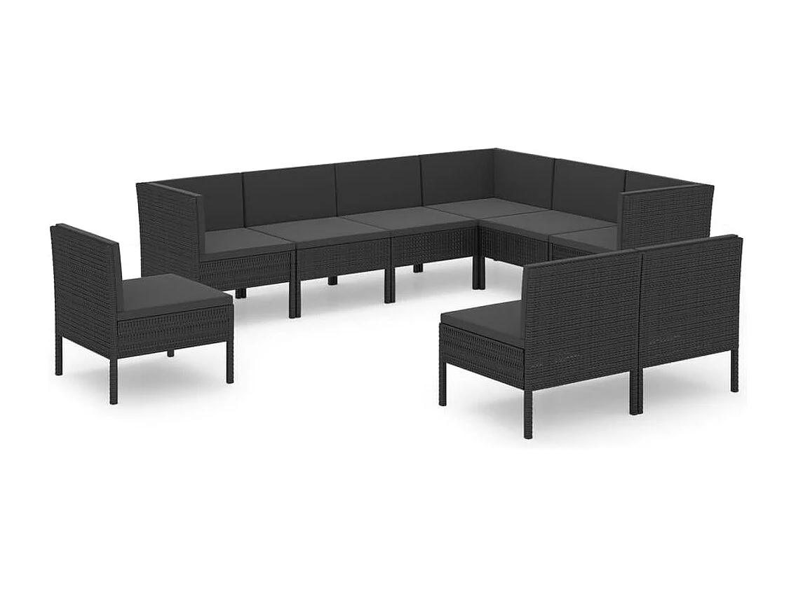 Salon de jardin 9 pcs avec coussins Résine tressée Noir