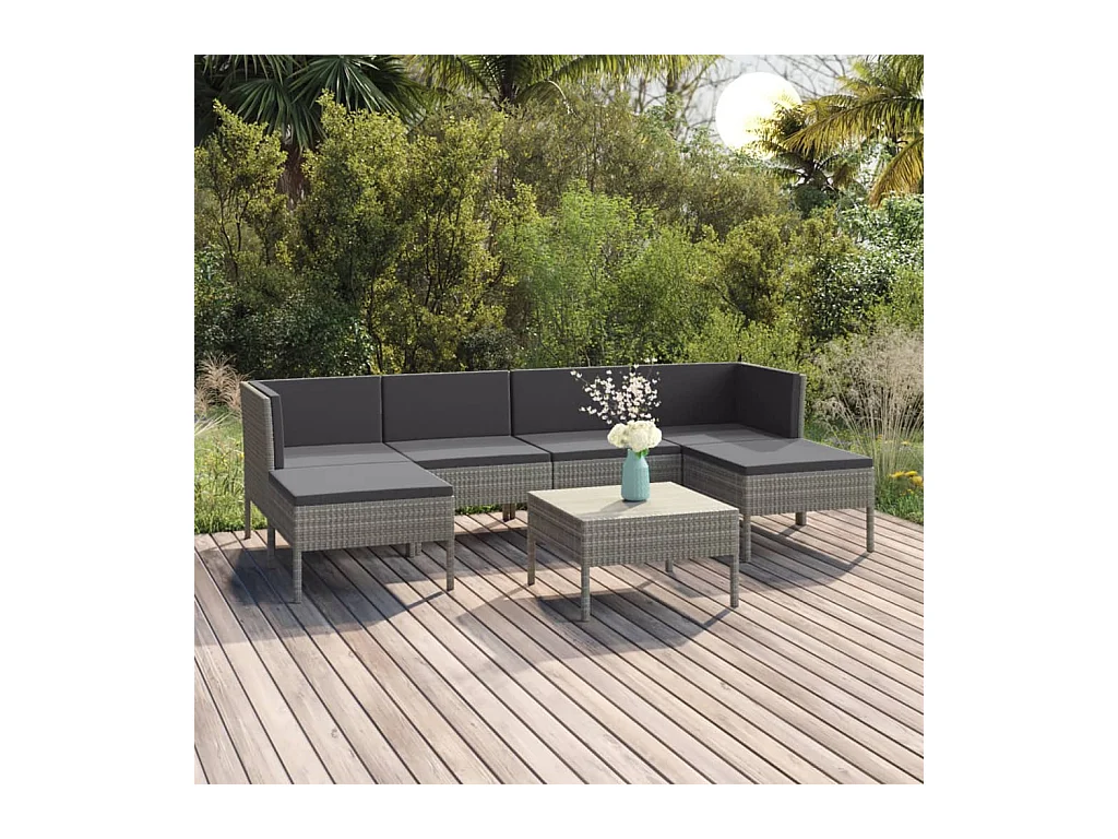 Salon de jardin 7 pcs avec coussins résine tressée gris