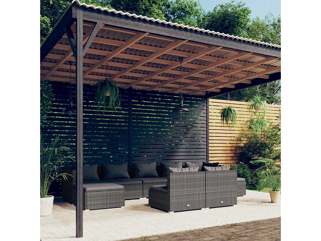 9-delige Loungeset met kussens poly rattan grijs