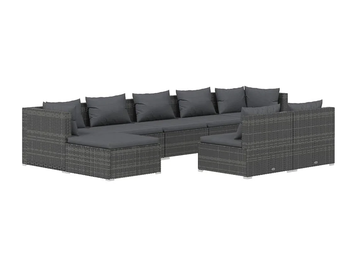 9-delige Loungeset met kussens poly rattan grijs
