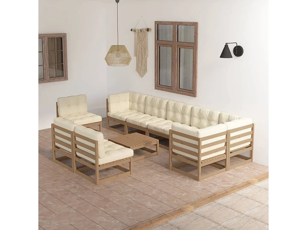 10 pcs conjunto lounge de jardim c/ almofadões pinho maciço