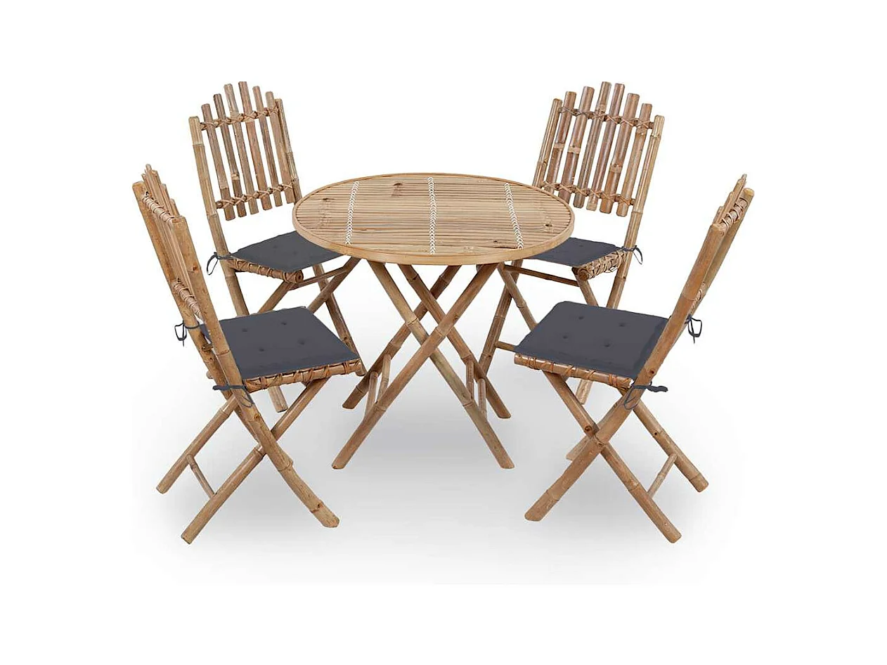 Mobilier à dîner d'extérieur pliable 5 pcs avec coussins bambou