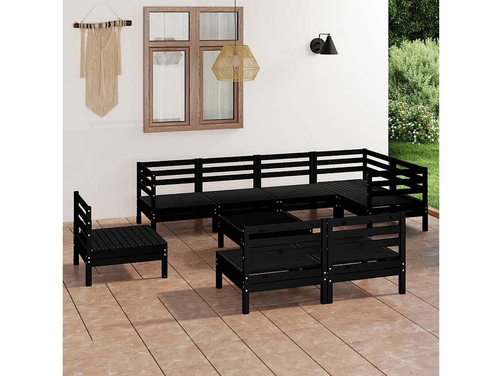 Salon de jardin 9 pcs Bois de pin massif Noir