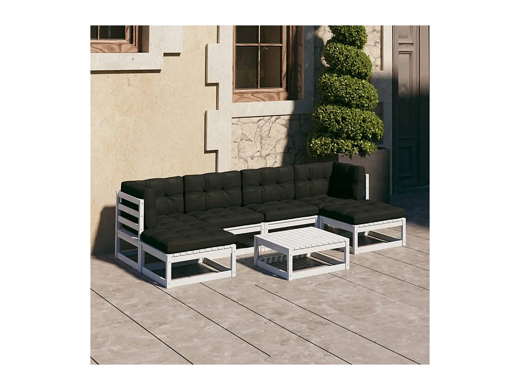 Salon de jardin 7 pcs avec coussins blanc bois de pin massif