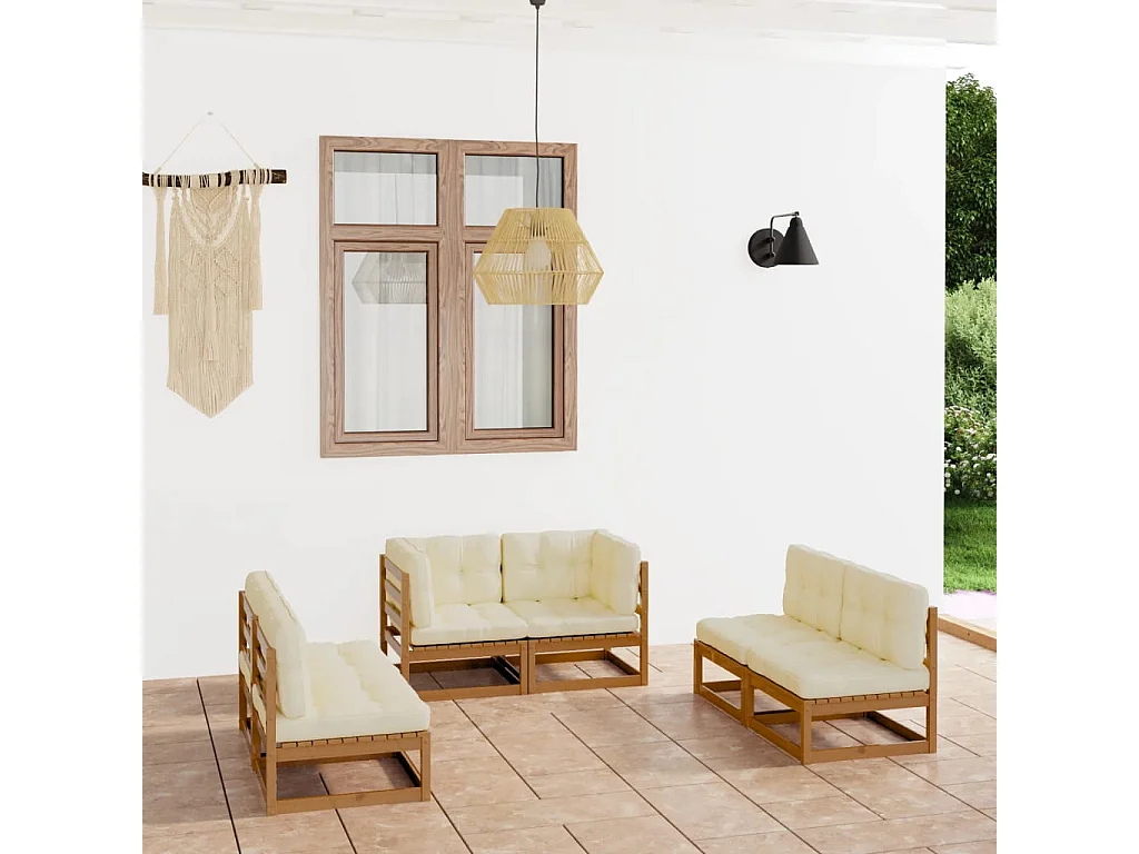 6-delige Loungeset met kussens massief grenenhout