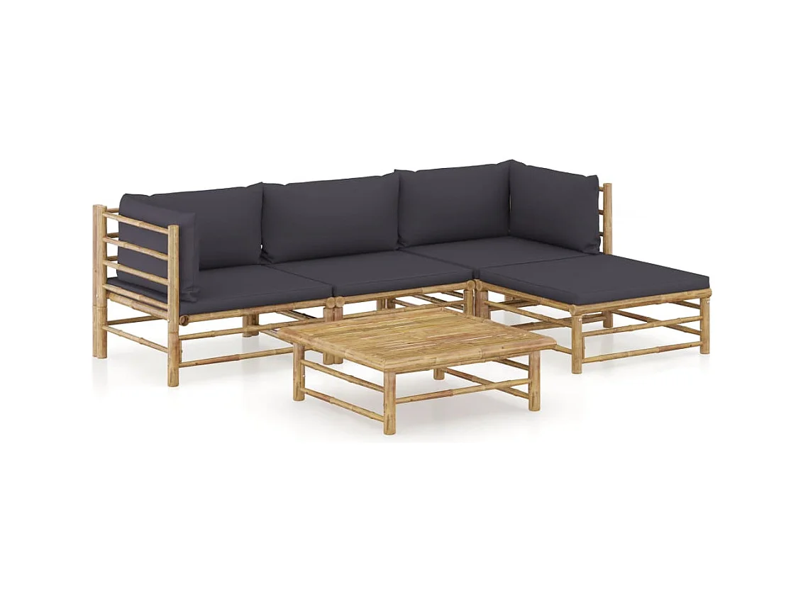 Salon de jardin 5 pcs avec coussins gris foncé bambou