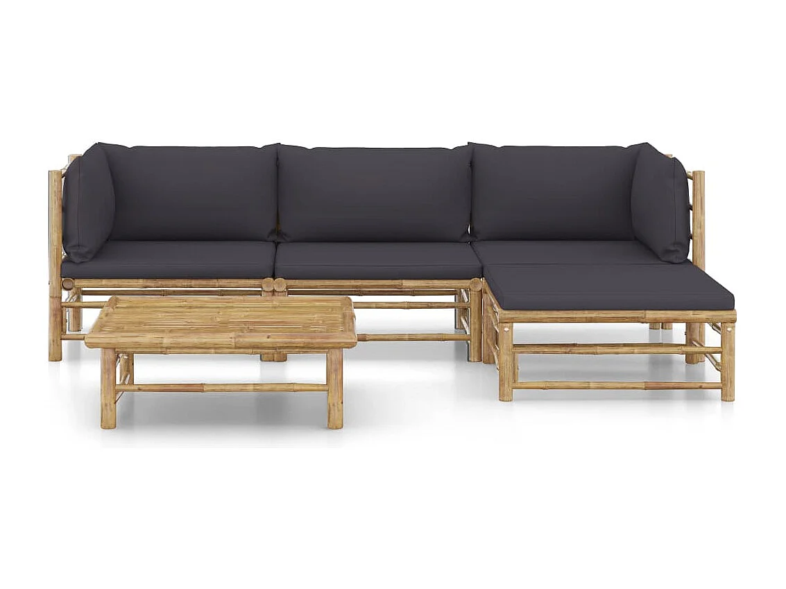 5 pcs conj. lounge jardim em bambu c/ almofadões cinza-escuro