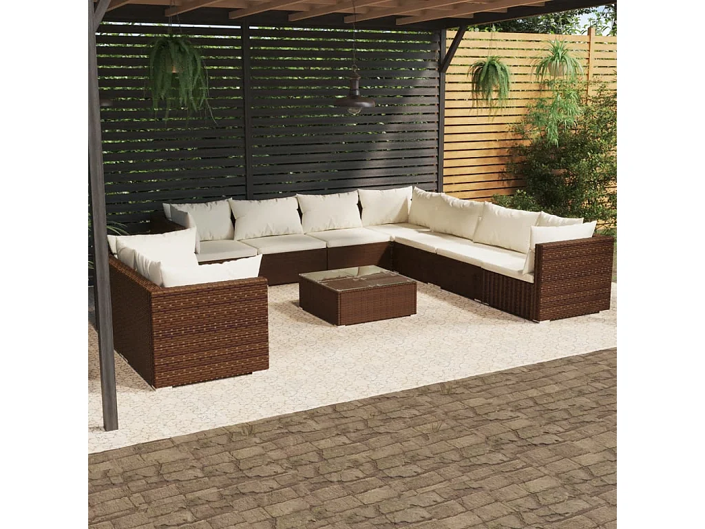 10 pcs conjunto lounge jardim c/ almofadões vime PE castanho