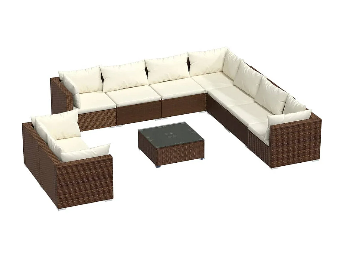10 pcs conjunto lounge jardim c/ almofadões vime PE castanho
