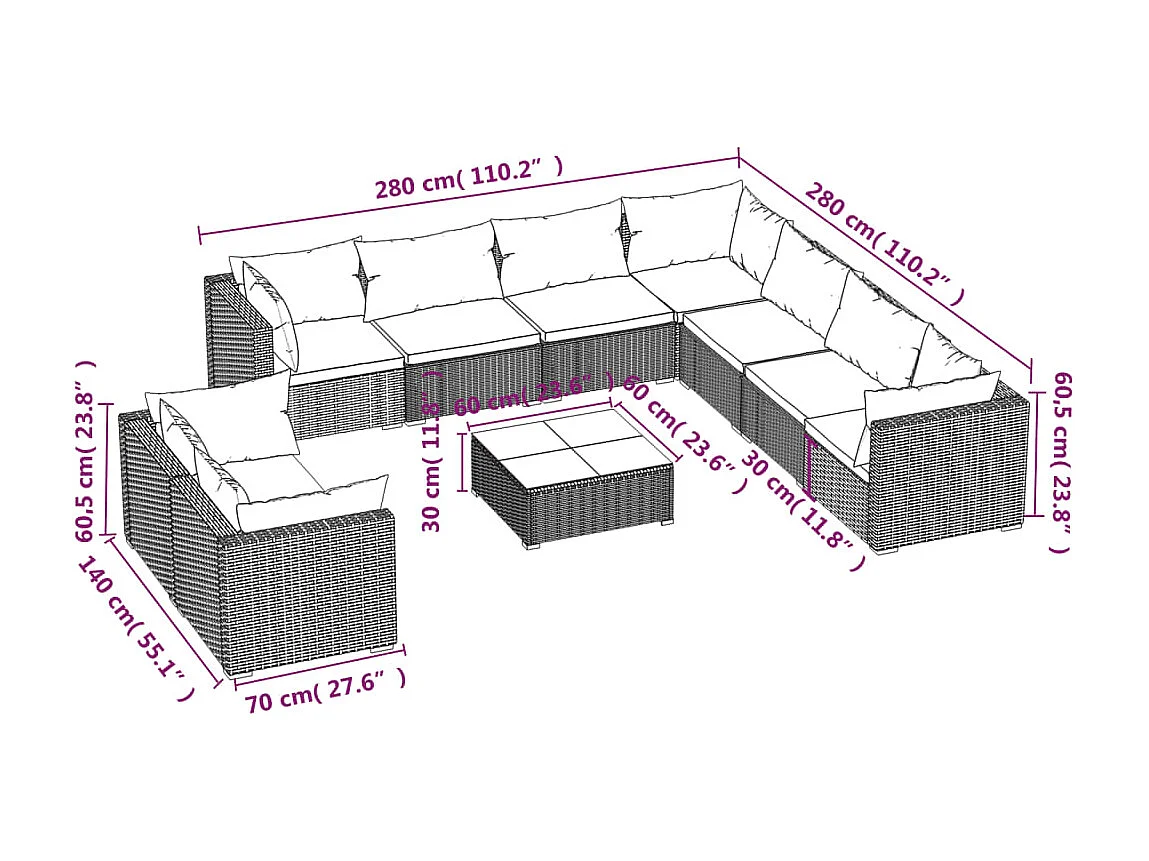 10 pcs conjunto lounge jardim c/ almofadões vime PE castanho