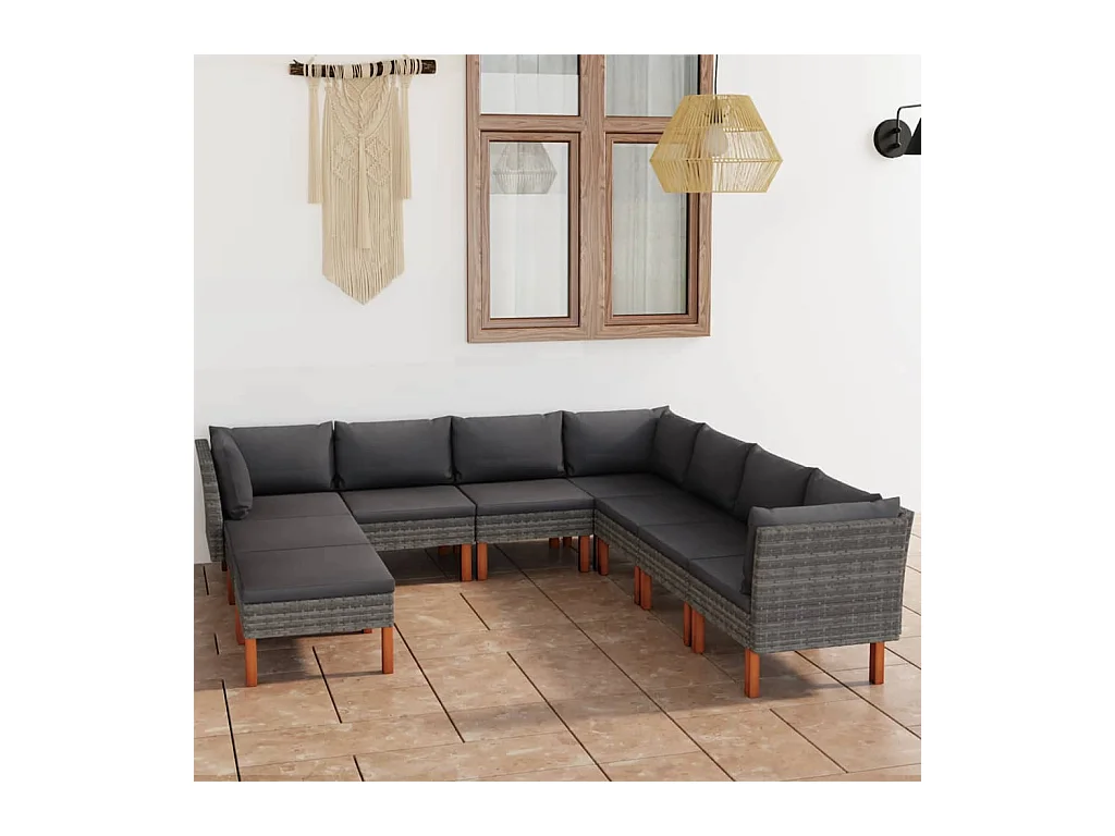 Salon de jardin 9 pcs avec coussins Résine tressée Gris