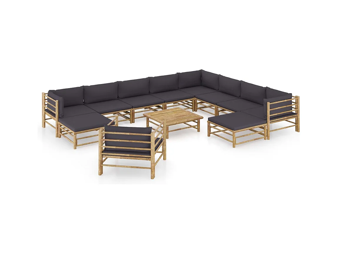 Salon de jardin 12 pcs avec coussins gris foncé bambou