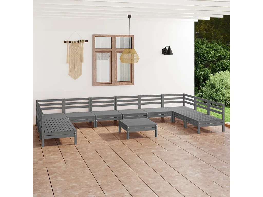 Salon de jardin 11 pcs Gris Bois de pin massif