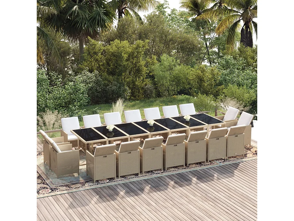 19-tlg. Garten-Essgruppe mit Kissen Poly Rattan Beige