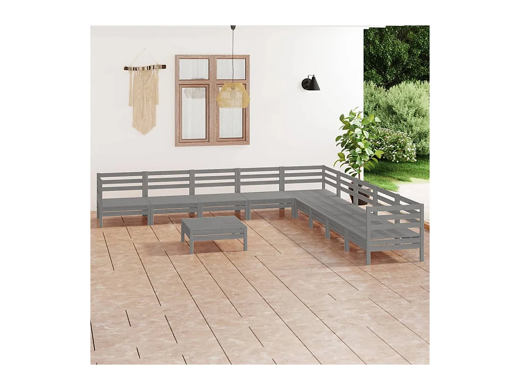 10-delige Loungeset massief grenenhout grijs