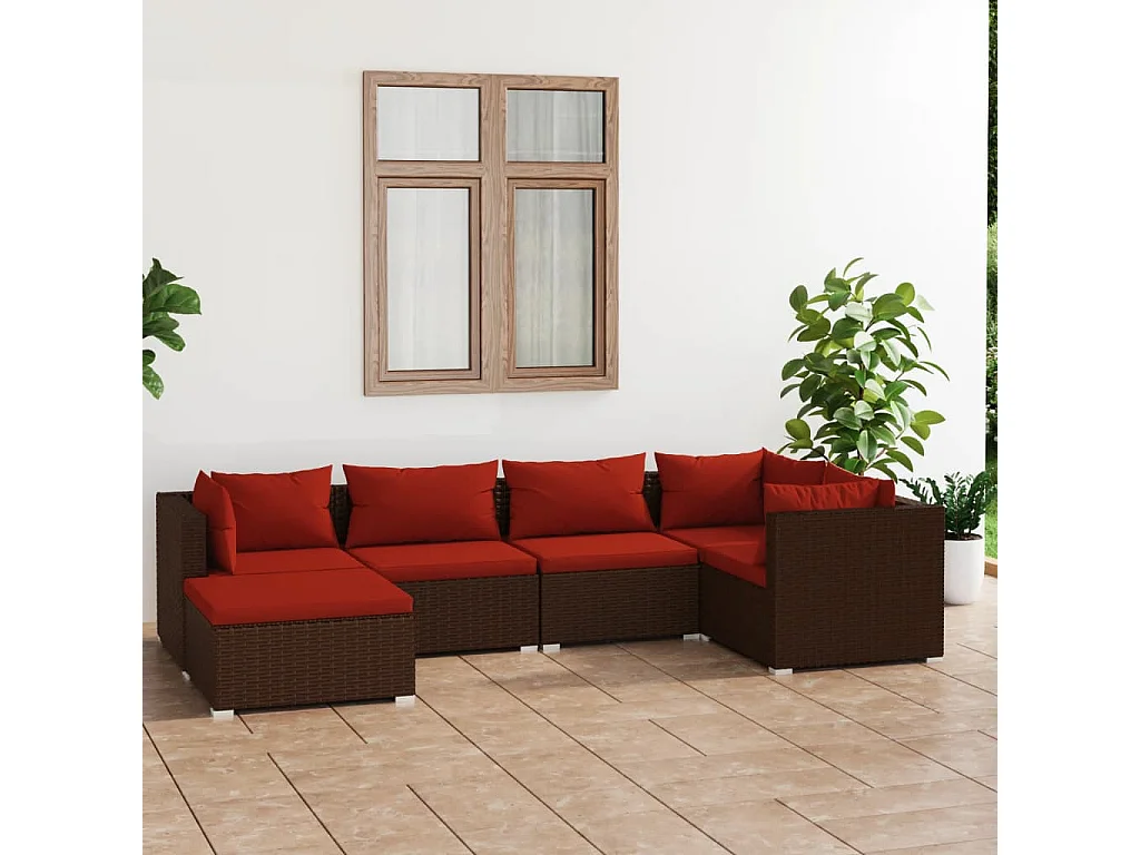 Set Divani da Giardino 6 pz con Cuscini in Polyrattan Marrone