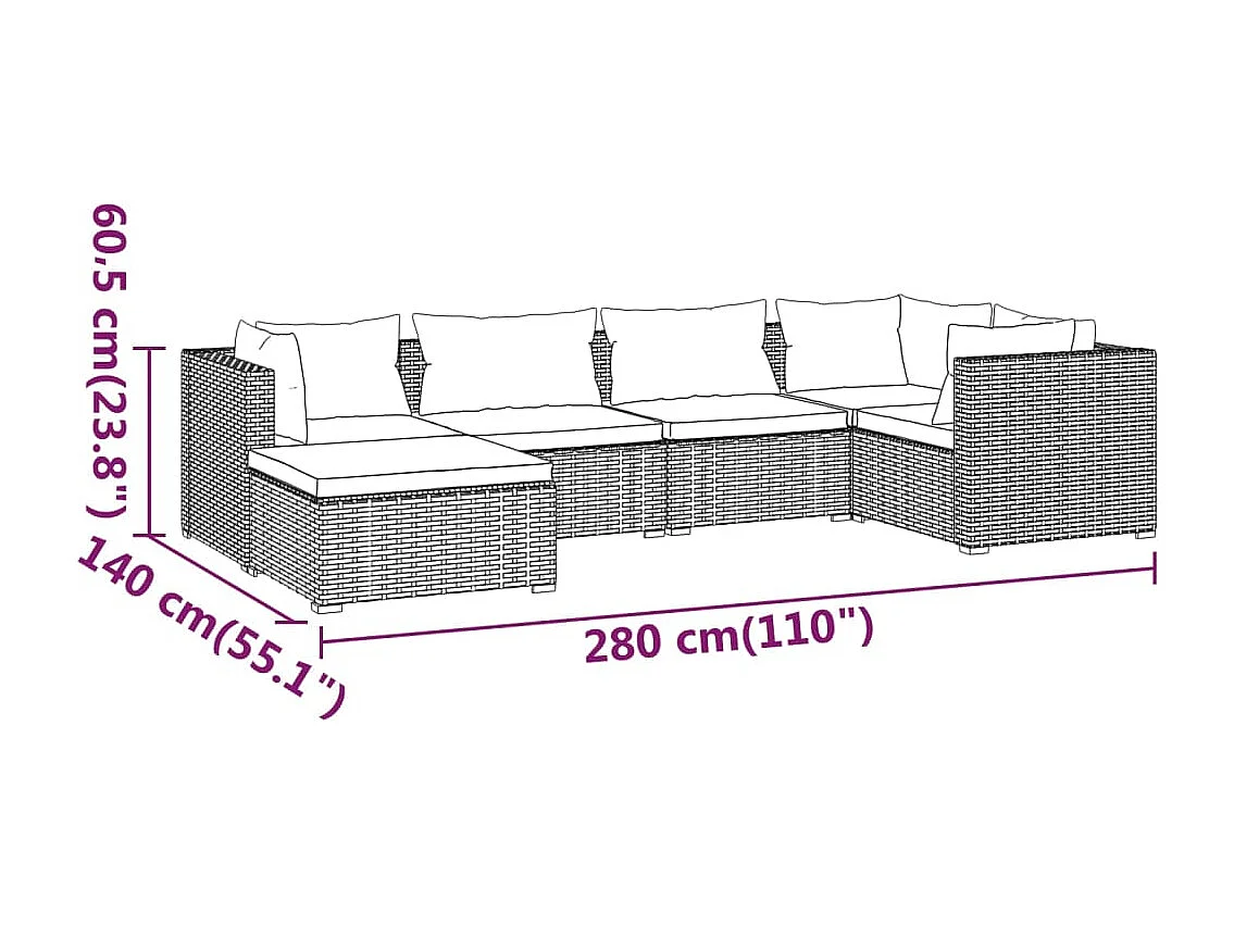 Set Divani da Giardino 6 pz con Cuscini in Polyrattan Marrone