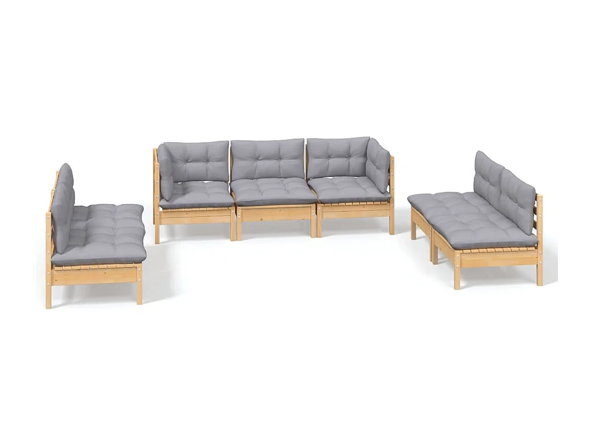 Salon de jardin 7 pcs avec coussins gris bois de pin massif