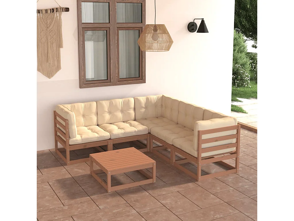 6 pcs conjunto lounge de jardim c/ almofadões pinho maciço