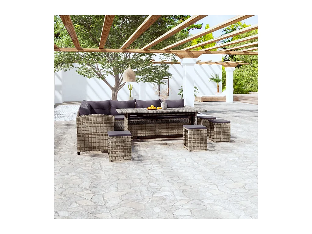 Salon de jardin 6 pcs avec coussins résine tressée gris