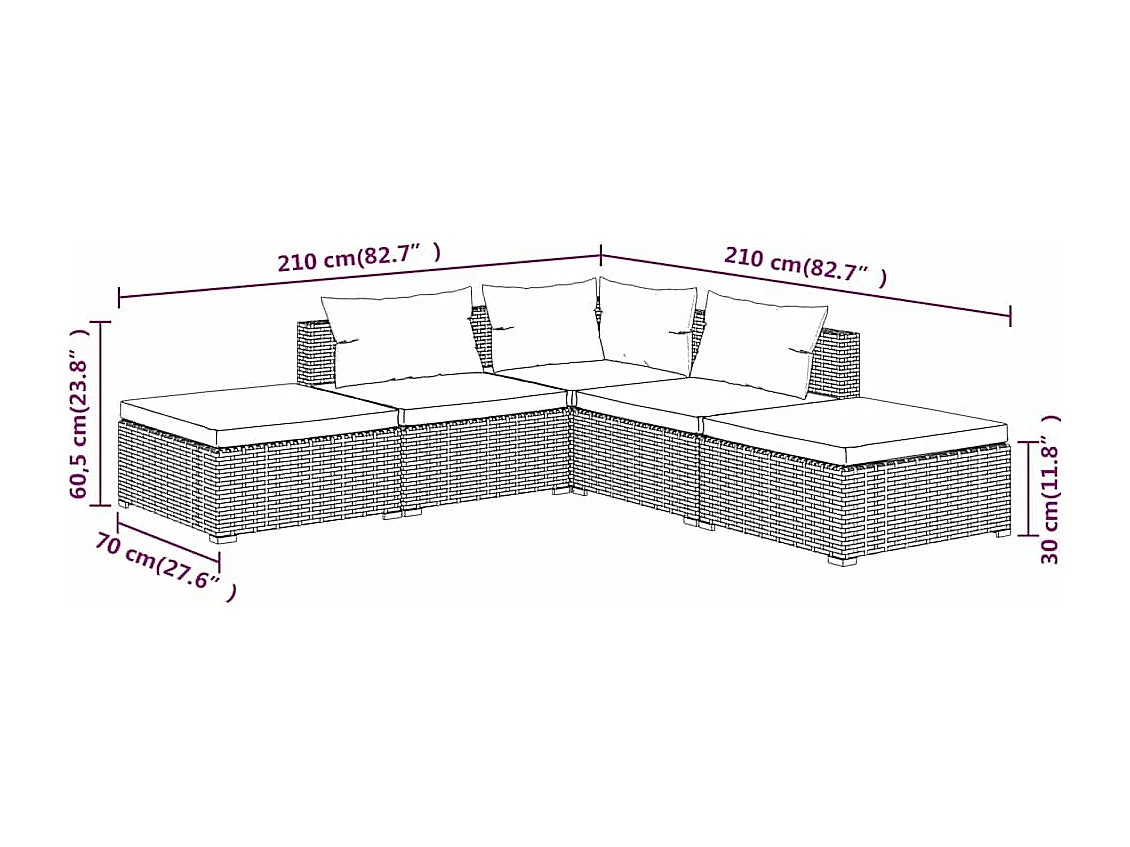 Set de muebles de jardín 5 pzas y cojines ratán sintético negro