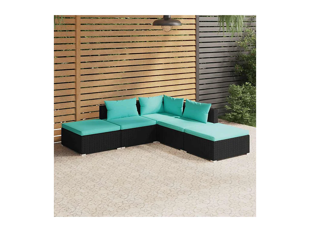 Salon de jardin 5 pcs avec coussins Résine tressée Noir