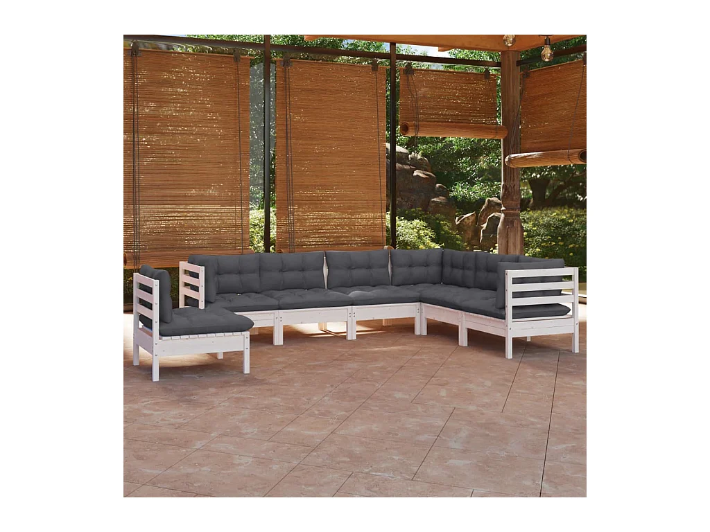 Salon de jardin 7 pcs avec coussins blanc bois de pin massif