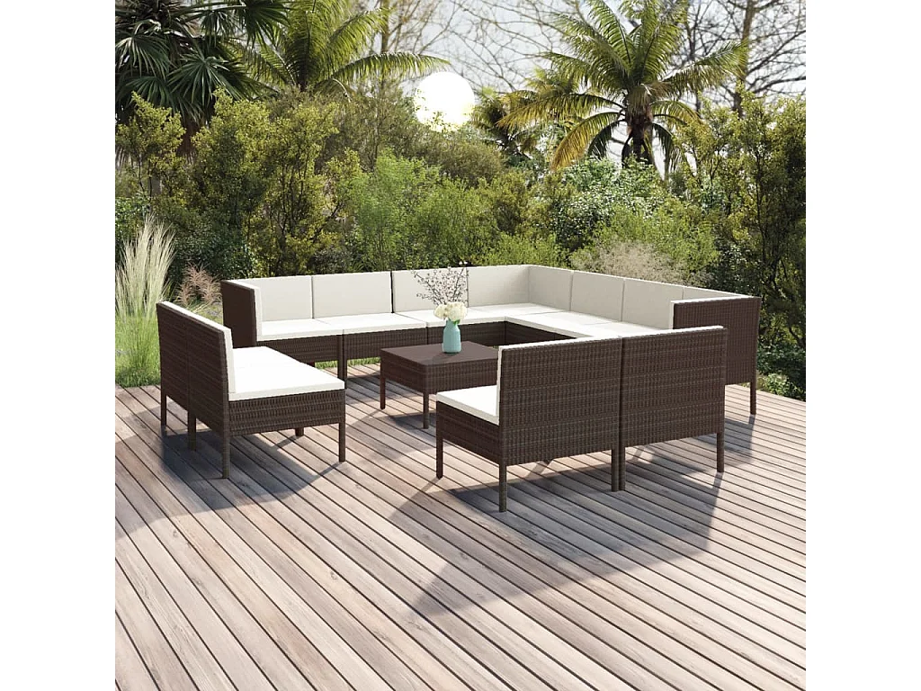 Set Divani da Giardino 12 pz con Cuscini in Polyrattan Marrone