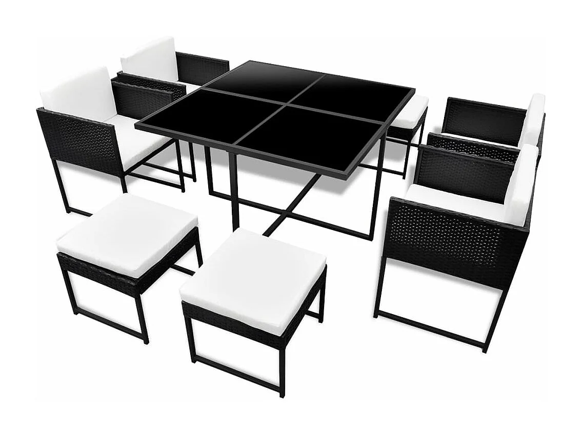Set comedor de jardín 9 piezas y cojines ratán sintético negro